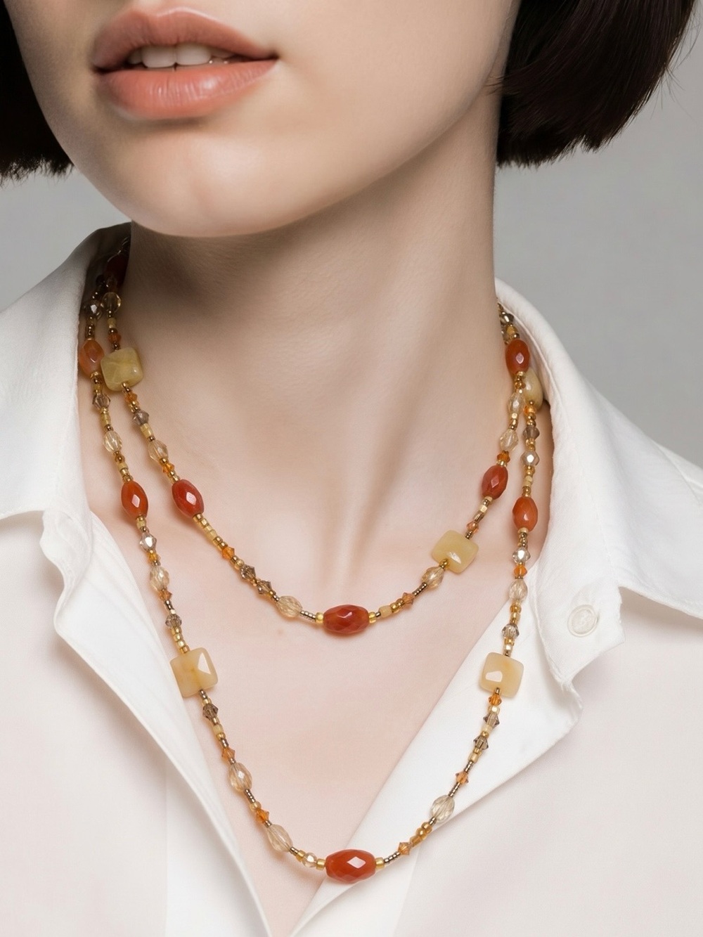Double-Strand Carnelian & Honey Agate Beaded Necklace — Gold Accents